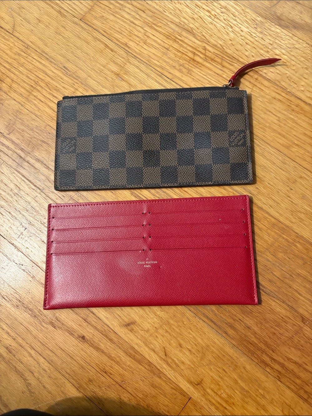 Real Louis Vuitton Damier Ebene Canvas Zipper Pouch with Red Leather Card Holder